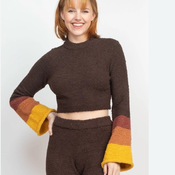 Lakhays Sweaters - Lakhays Cozy Brown Cropped Sweater with Multicolor Bell Sleeves NWT